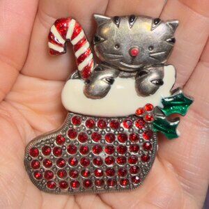 AJMC Christmas Cat Stocking Brooch Rhinestone Holiday Pin 2”